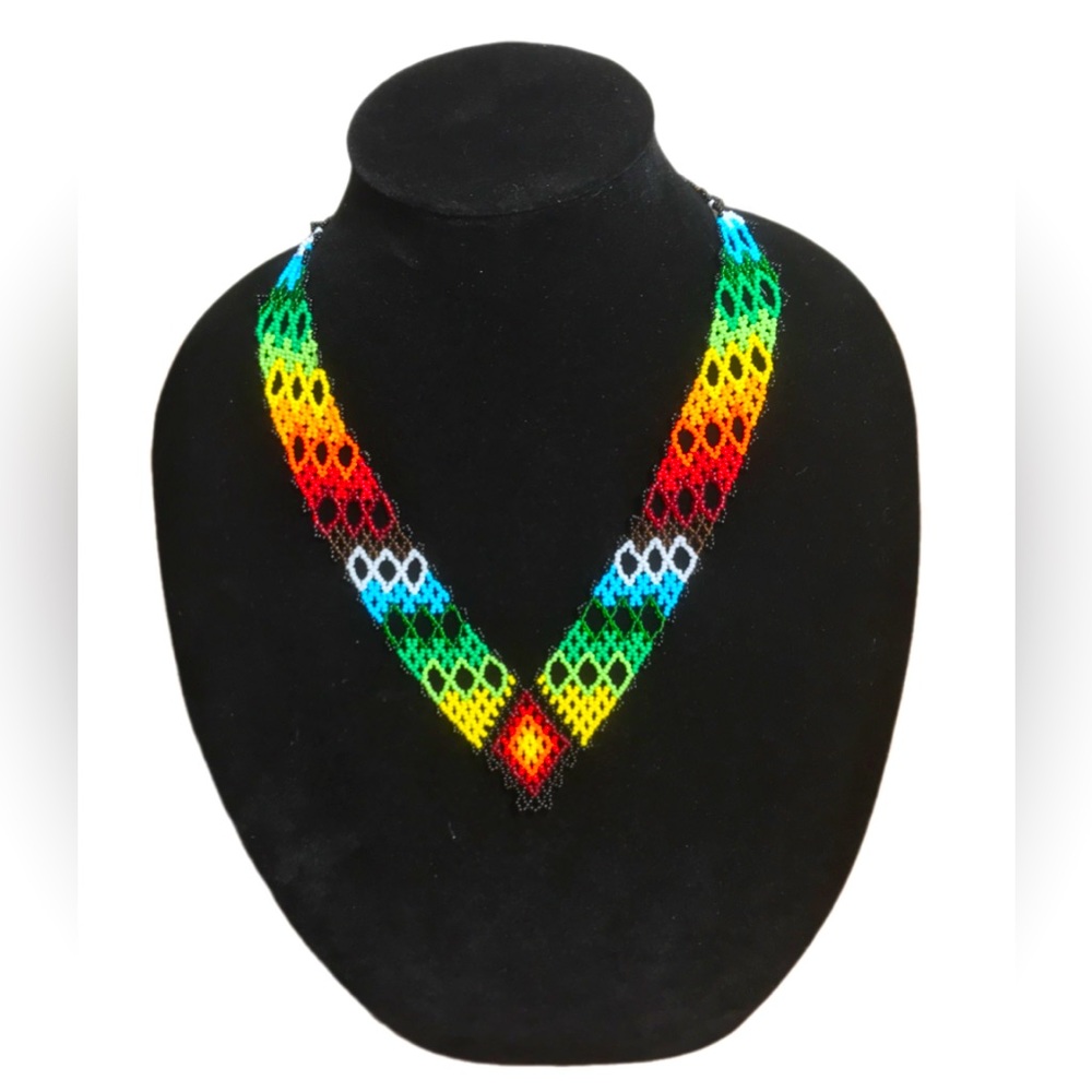 GrandmaMia Handmade Rainbow Glass Seed Beaded Necklace Colorful Statement